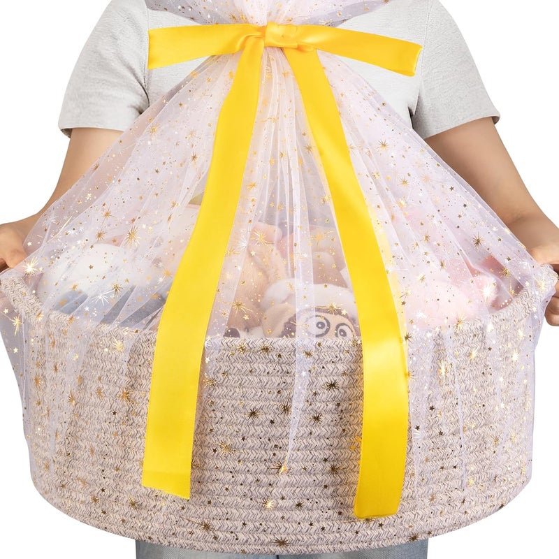 OIAHOMY Large Gift Basket Empty 17" x 12.6" x 7", Storage Basket with Gift Bag, Ribbon and Glitter Tulle for DIY Anytime, Toy Storage for Kids, Dogs with Handles in A Stylish Design - Brown - Image 1